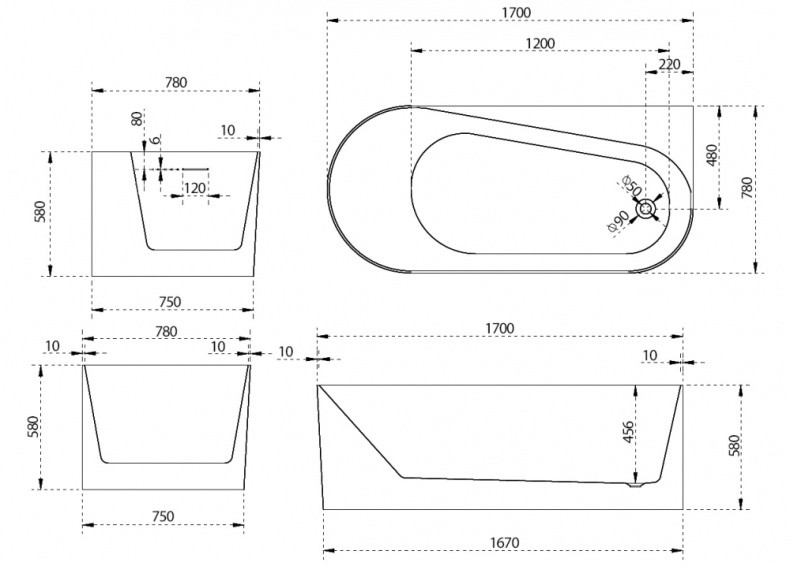 Акриловая ванна Abber 170x78, правая  AB9496-1.7 R - 4