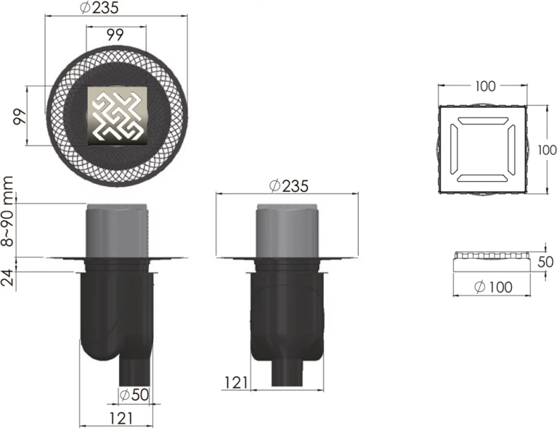 Душевой трап Berges Platz Antik 10х10 хром матовый 090060 - 1