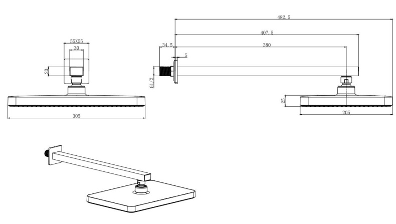 Верхний душ настенный AQUATEK AQ2081CR, 305х205 мм - 1