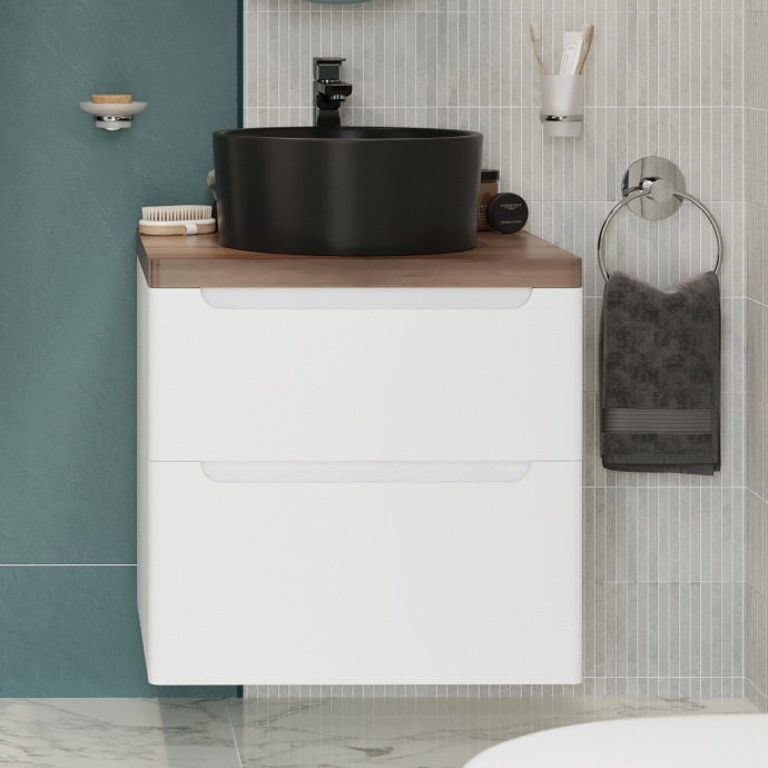 Тумба с раковиной STWORKI Берген 60 белая с темной столешницей, BOCCHI Vessel черная 549458 - 0