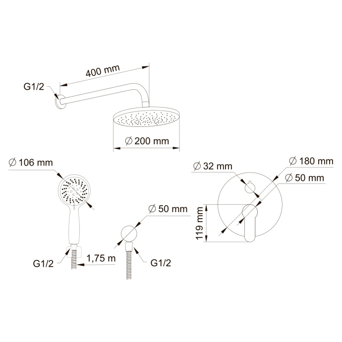 Swedbe Platta Душевой комплект со встроенным смесителем и верхним душем 5538 - 5