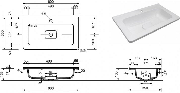 Раковина мебельная Style Line Каре Люкс Мини 60 белый СС-00002295 - 2