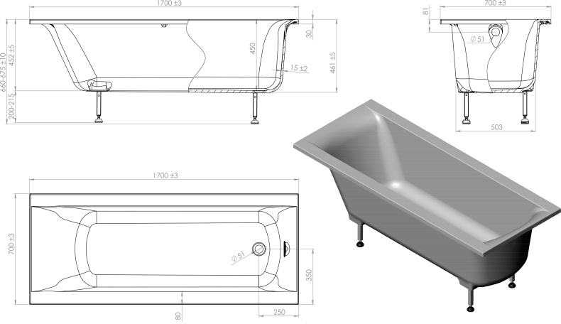 Ванна из искусственного камня Астра-Форм Нью-Форм 170x70 1010012 - 6