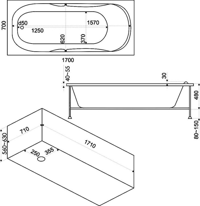Акриловая ванна Bas Нептун стандарт 170 см на ножках В 00026 - 5