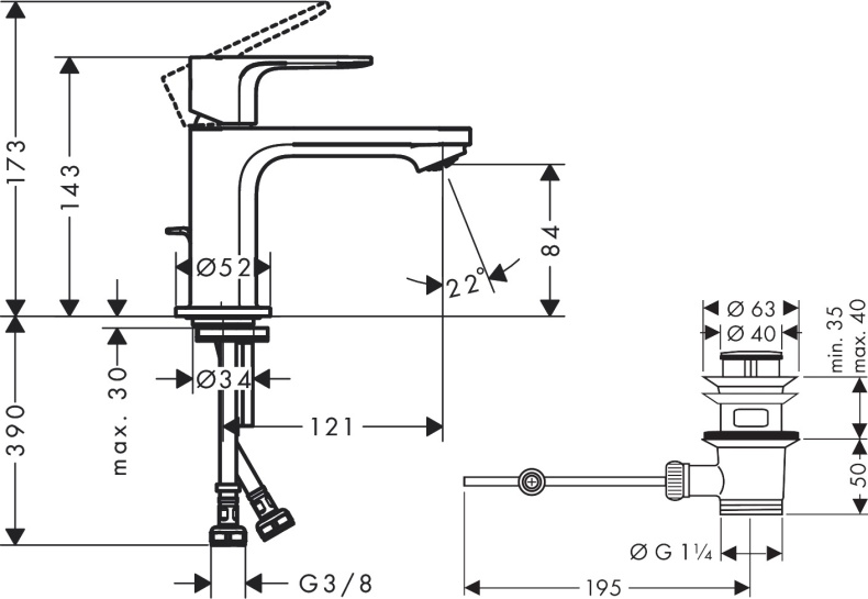 Смеситель для раковины Hansgrohe Rebris S с донным клапаном хром 72510000 - 1