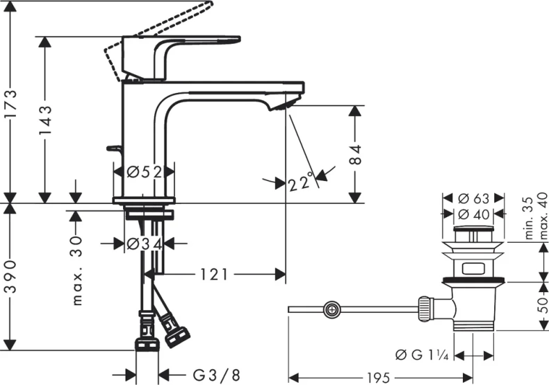 Смеситель для раковины Hansgrohe Rebris E с донным клапаном черный матовый 72587670 - 1