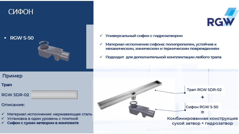 Сифон RGW S-50 Ø 50 мм для трапов 47241150-00 - 1