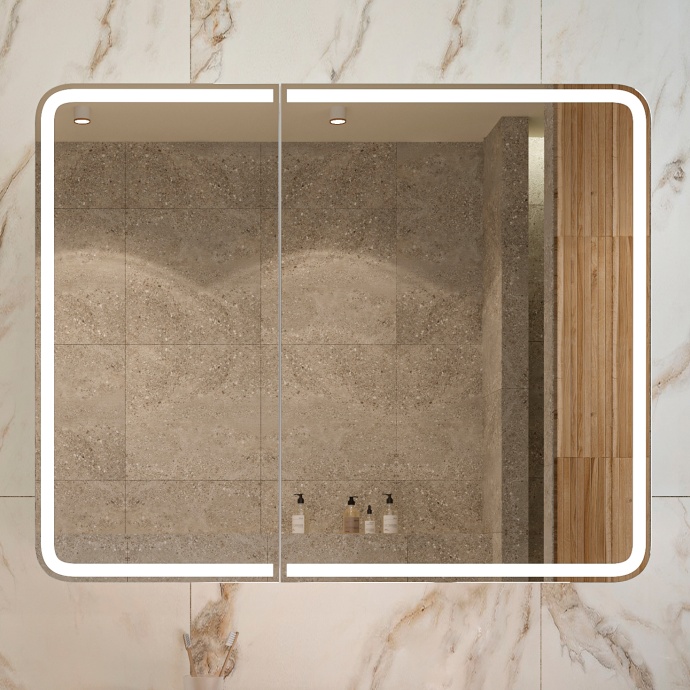 Зеркало-шкаф STWORKI Ольборг МВК080 100, с подсветкой, навесное, белое, большое, в стиле лофт, с розеткой - 0