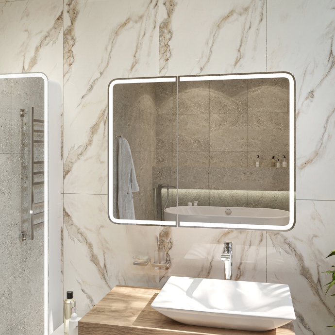 Зеркало-шкаф STWORKI Ольборг МВК080 100, с подсветкой, навесное, белое, большое, в стиле лофт, с розеткой - 6