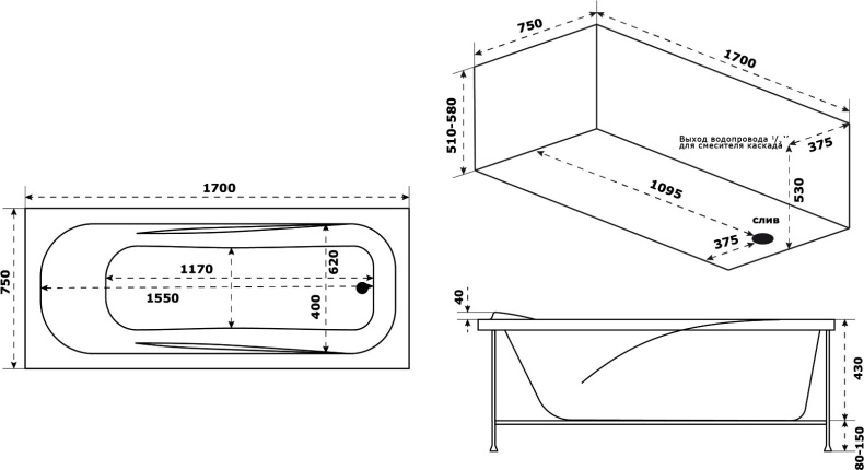 Акриловая ванна Bas Толедо В 00035 170x75 - 2