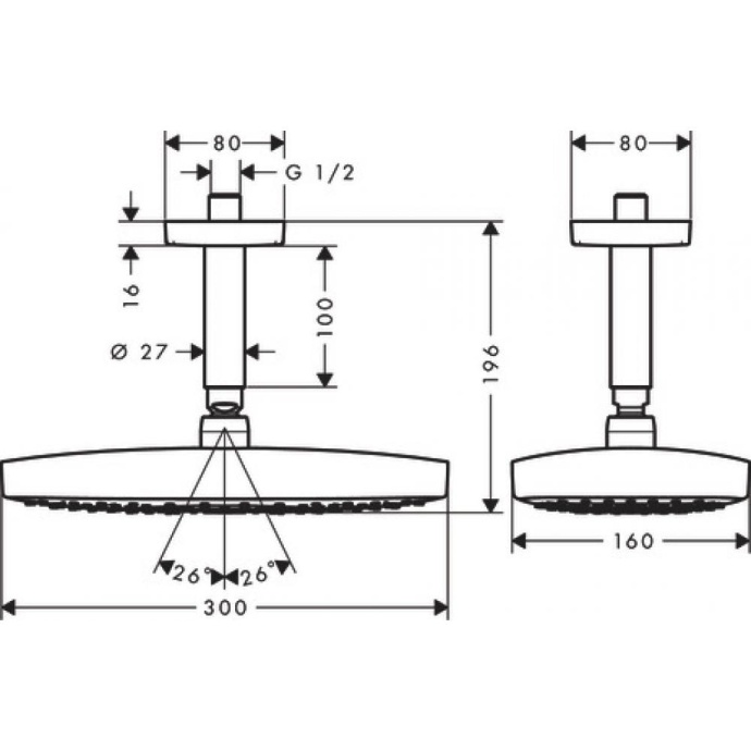 Верхний душ 9 л/мин с потолочным подсоединением Hansgrohe 300 2jet EcoSmart 26608000, хром - 3