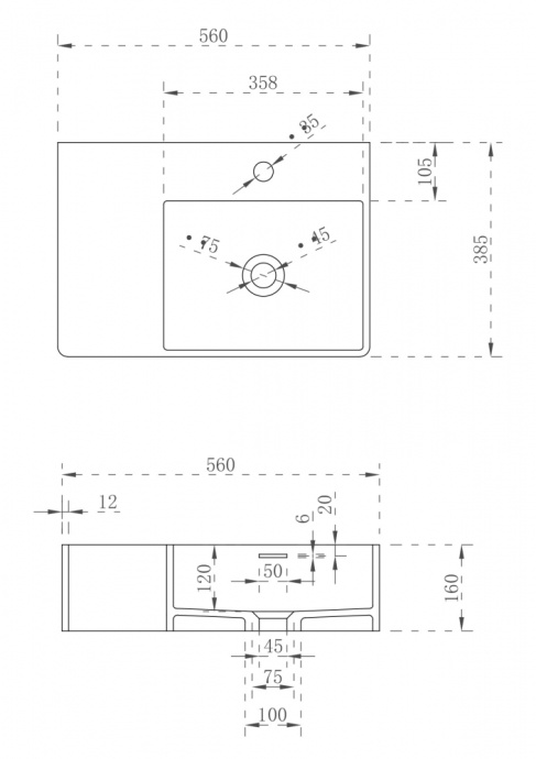 Раковина подвесная Abber Stein 56х38.5 R белый матовый AS2644 R - 3