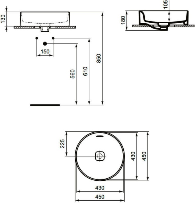 T296101 раковина на столешницу STRADA II Round Vessel без отв. под смес., с перелив. /45х45/(белый) - 1