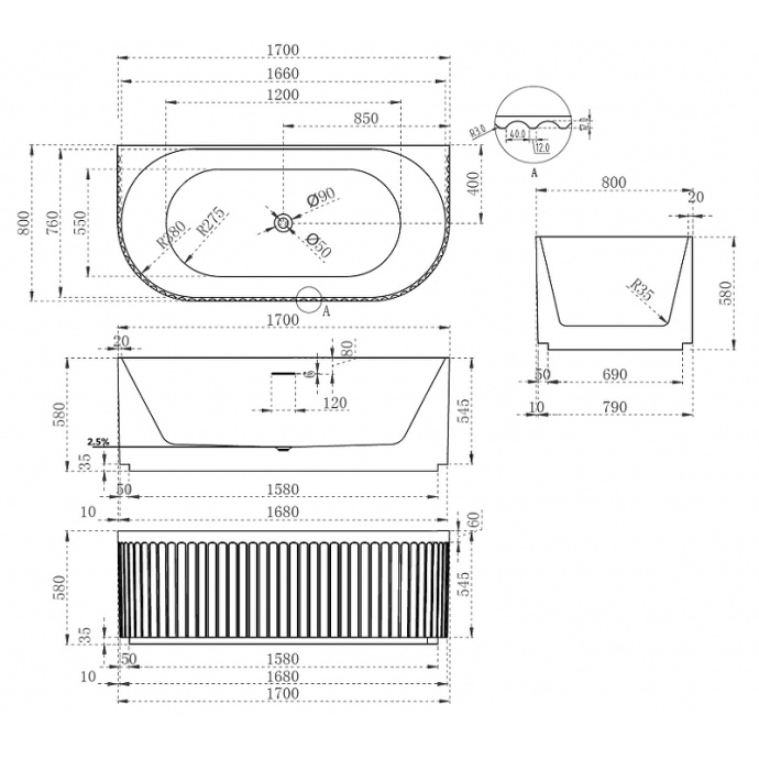 Акриловая ванна Abber 170х80 белая без гидромассажа AB9416-1.7 - 2