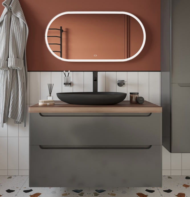 Мебель для ванной STWORKI Берген 100 серая с темной столешницей,  раковина Bocchi Etna Etna 1114-004-0125 черная 568139 - 2