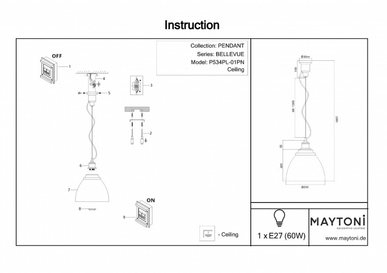 Подвесной светильник Maytoni Bellevue P534PL-01B - 3