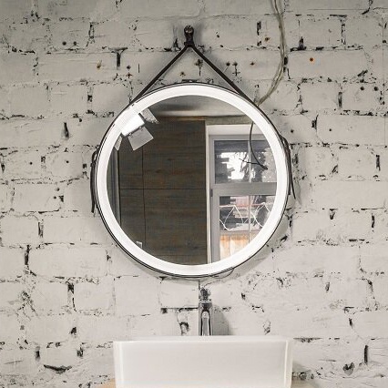 Зеркало круглое Jorno Wood 50, с подсветкой, кожаный ремень Wood.02.50/ТК - 0