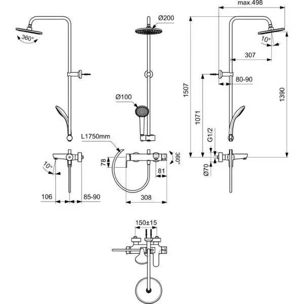 Душевая стойка Ideal Standard IdealRain черный матовый BC749XG - 6