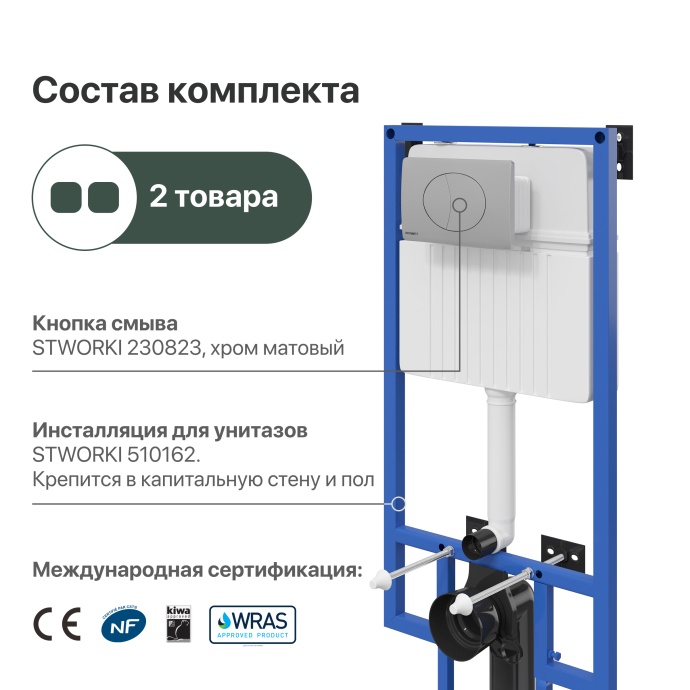 Система инсталляции для унитазов STWORKI 510162 с кнопкой смыва 230823 хром матовый 559915 - 1