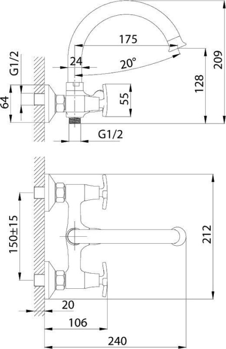 Смеситель двуручный для ванны с поворотным изливом 175мм, дивертор с керамическими пластинами, хром RS40-83 - 1