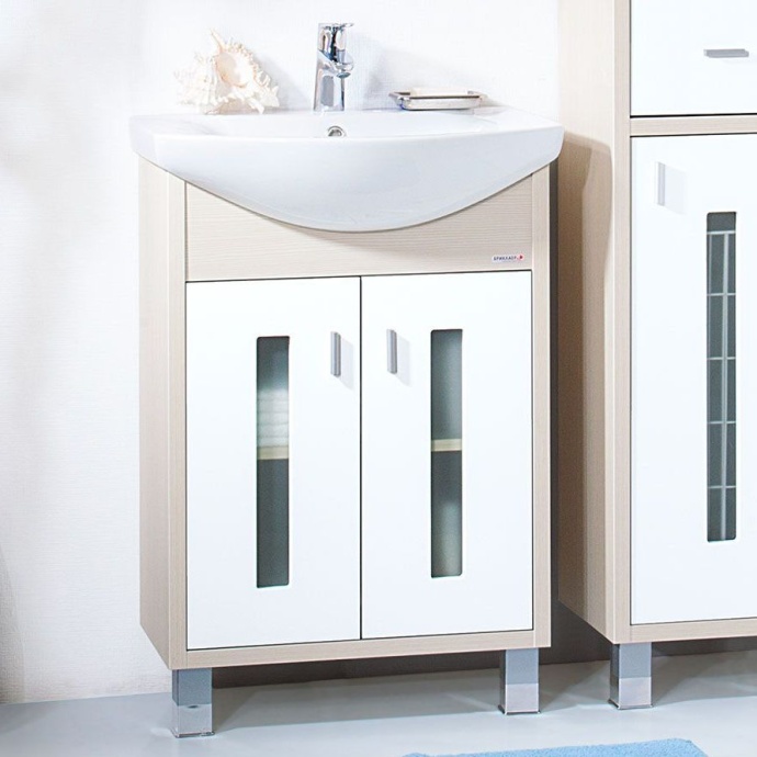 Тумба с раковиной Бриклаер Бали 60 светлая лиственница, белый глянец - 0