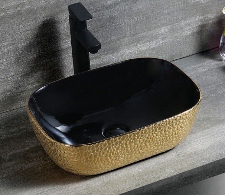 Раковина накладная CeramaLux NC 46 см черный/золото  D1333H022 - 2