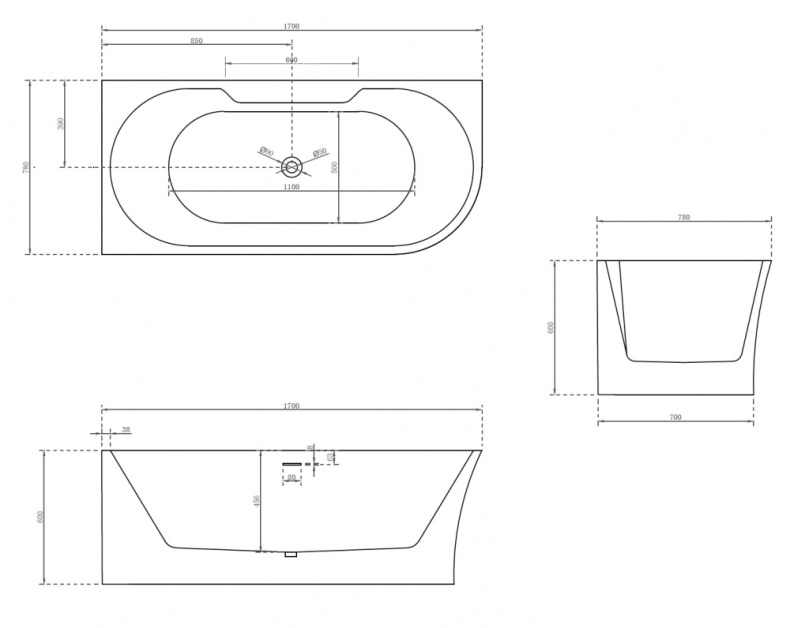 Акриловая ванна Abber 170x78, левая  AB9335-1.7 L - 3