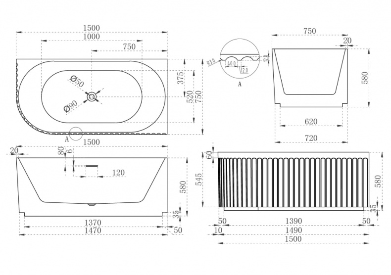Ванна акриловая Abber 150х75 R белый матовый AB9412-1.5 R - 4