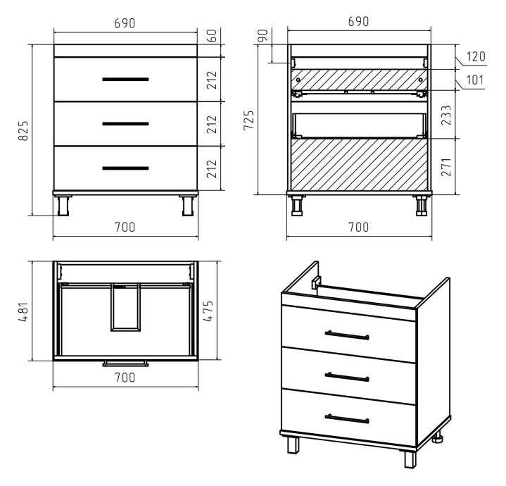Терра - 70 Тумба с 3 ящ. белая П-Тер01070-0113Я - 4