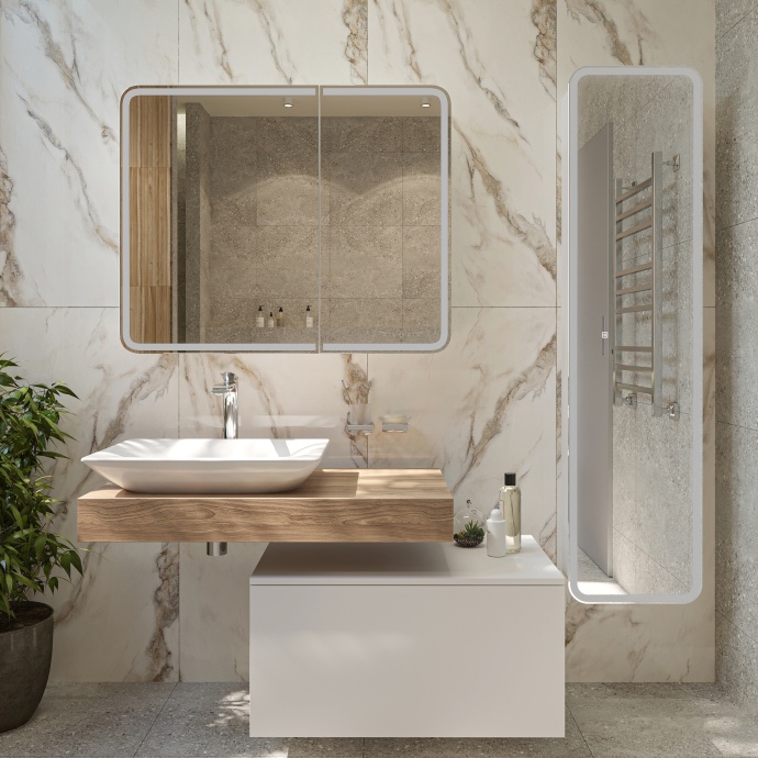 Зеркало-шкаф STWORKI Ольборг МВК080 100, с подсветкой, навесное, белое, большое, в стиле лофт, с розеткой - 4