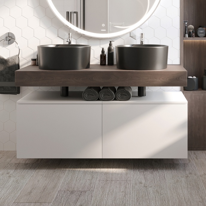 Столешница STWORKI Ольборг 120 дуб карпентер, без отверстий, 2 тумбы 60 + 2 раковины BOCCHI Vessel, черная 483387 - 0