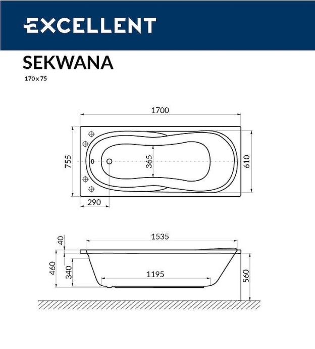 Акриловая ванна Excellent Sekwana 170х75 белая с гидромассажем WAEX.SEK17.SOFT.CR - 1