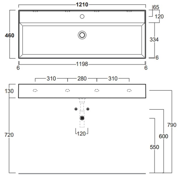 SIMAS AGILE Раковина подвесная 121х46 см, с переливом, с 1 отв под смеситель,цвет белый AG121 bi*1 - 1