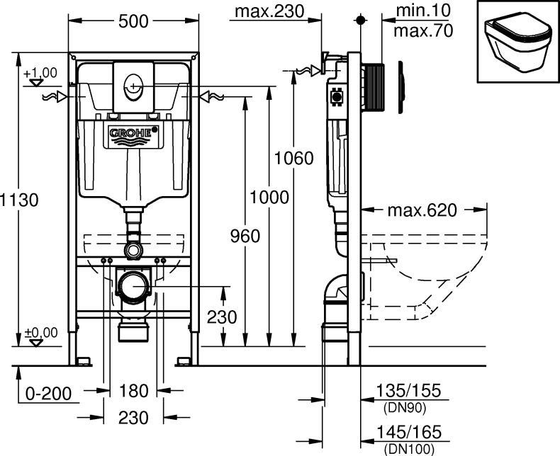 Комплект Система инсталляции для унитазов Grohe Rapid SL 38721001 3 в 1 с кнопкой смыва + Чаша для унитаза подвесного Jacob Delafon Patio EDV102-00 - 5