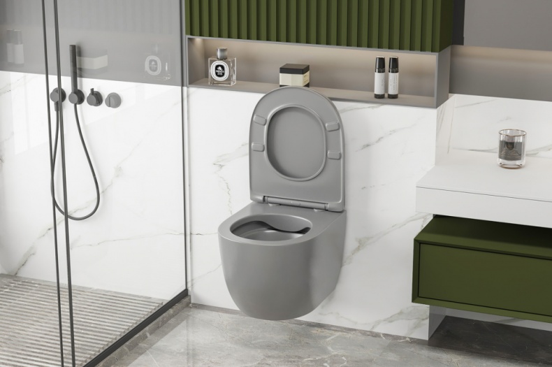 Унитаз подвесной Abber Bequem безободковый с сиденьем микролифт серый матовый AC1103MG - 6