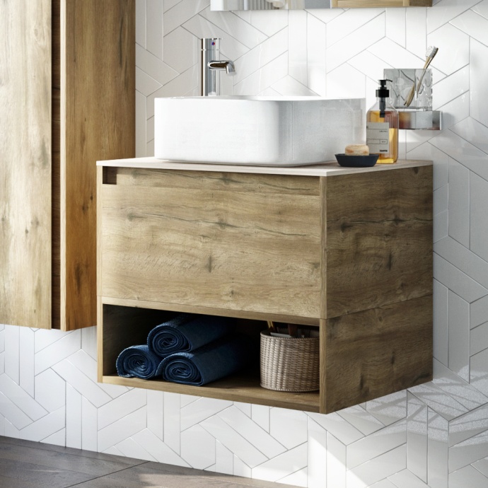 Мебель для ванной STWORKI Карлстад 60 дуб рустикальный, простоун беж, с отверстием под смеситель в столешнице 425192 - 4