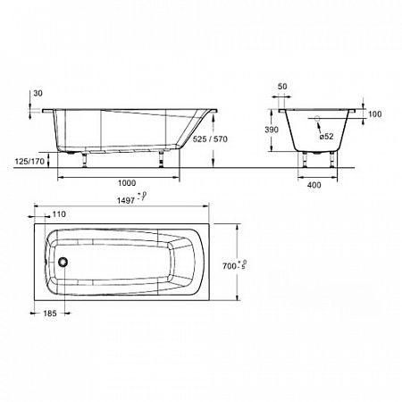 Акриловая ванна Jacob Delafon Patio 149.7x70 см  E6810RU-01 - 3