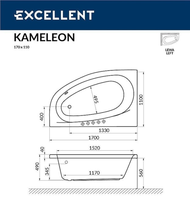 Акриловая ванна Excellent Kameleon 170x110 белая золото левая с гидромассажем WAEX.KML17.SOFT.GL - 2