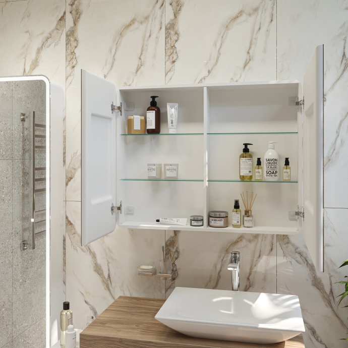 Зеркало-шкаф STWORKI Ольборг МВК080 100, с подсветкой, навесное, белое, большое, в стиле лофт, с розеткой - 8