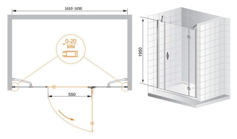 Душевая дверь Cezares Bergamo 165 хром стекло прозрачное BERGAMO-W-B-13-80+60/30-C-Cr-R - 5