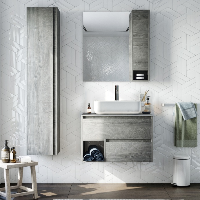 Мебель для ванной STWORKI Карлстад 75 дуб рошелье, монте тиберио, в стиле лофт, под дерево, серая, подвесная 425254 - 0