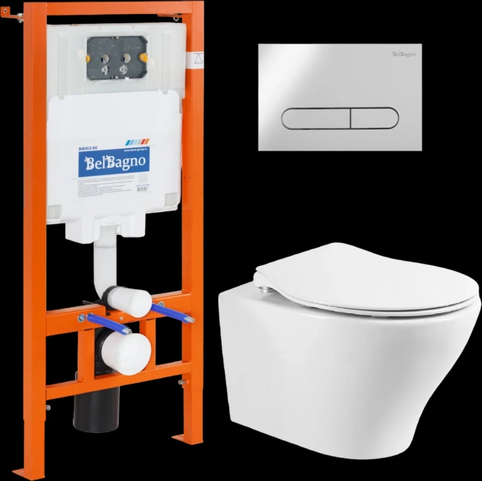 Комплект унитаза с инсталляцией BelBagno Acqua с сиденьем микролифт и кнопкой смыва хром матовый BB340CHR/BB2020SC/BB002-80/BB006-PR-CHROME.M - 0