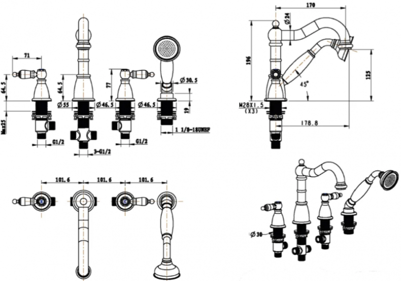 Смеситель на борт ванны Boheme Tradizionale золото с прозрачным кристаллом Swarovski 395-SW - 2
