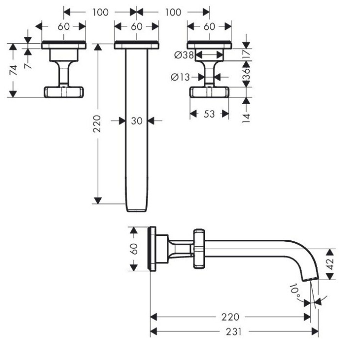 AX Citterio E Встраиваемый смеситель для раковины, на 3 отв, с розетками, излив 220мм, с незапираемым донным клапаном (внешняя часть), цвет: хром 36107000 - 1