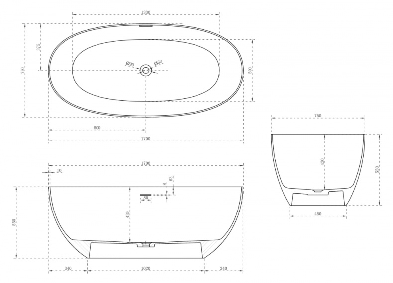 Ванна из искусственного камня Abber Stein 170х75 белый матовый AS9624-1.7 - 4