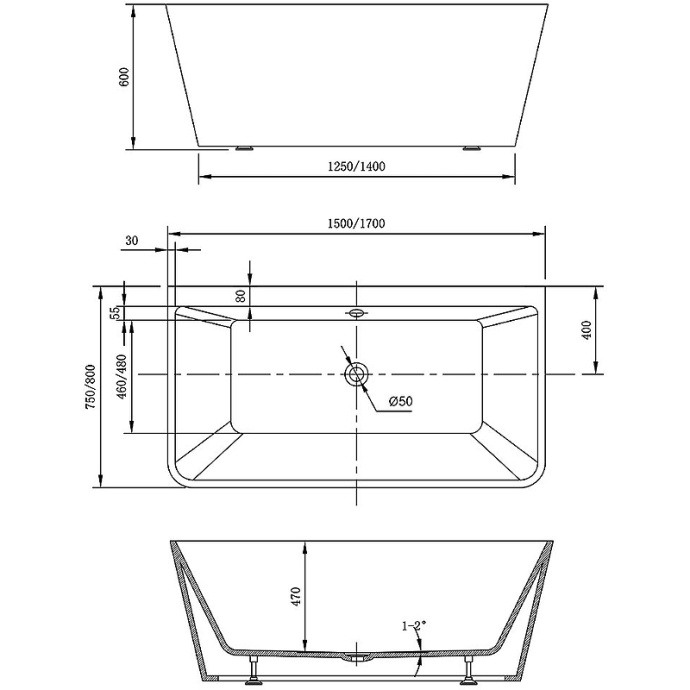 Акриловая ванна Vincea 170х80 белая VBT-425-1700 - 2