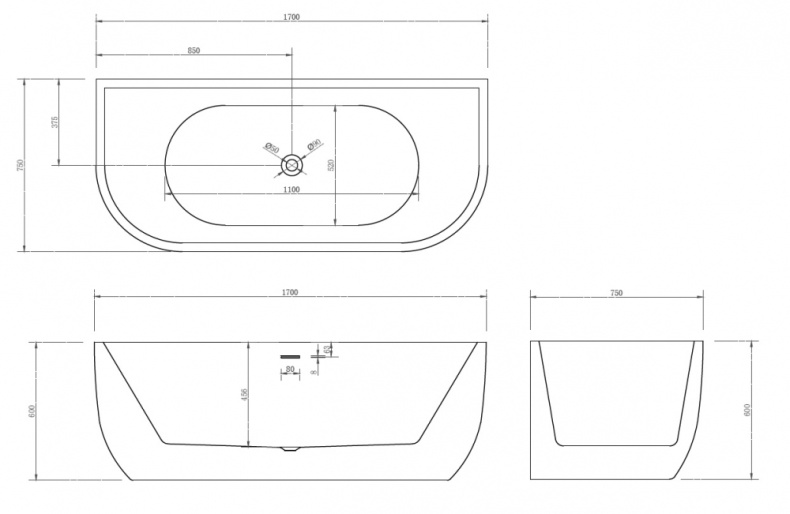 Акриловая ванна Abber 170x75, универсальная  AB9316 - 4
