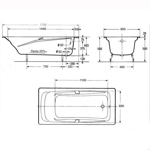 Чугунная ванна Jacob Delafon Repos E2918-S-00 170x80 без анти скользящего покрытия - 1