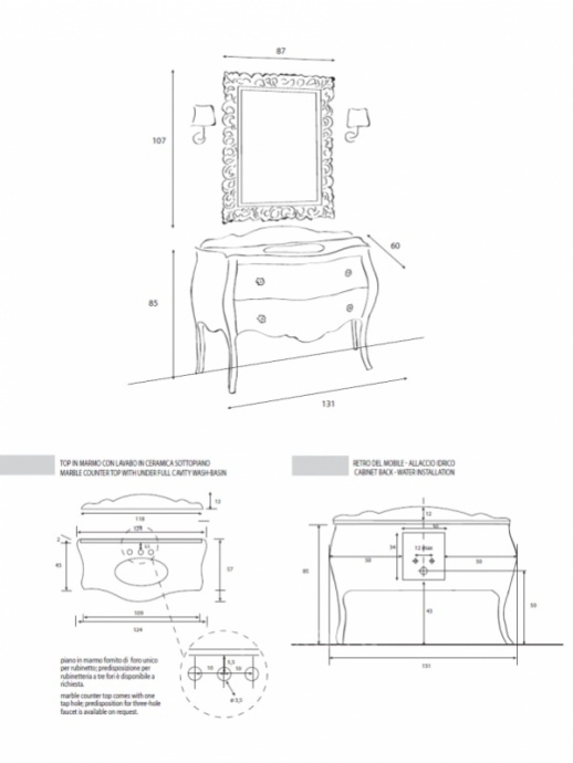 Столешница в ванную комнату Cezares Carlotta 128х57, Brilante Nero  CARL04.M5 - 2
