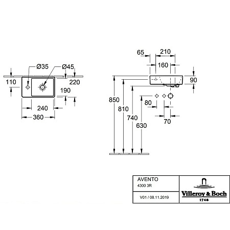 Подвесная раковина Villeroy&Boch Avento 36х22 белая 43003R01 - 1